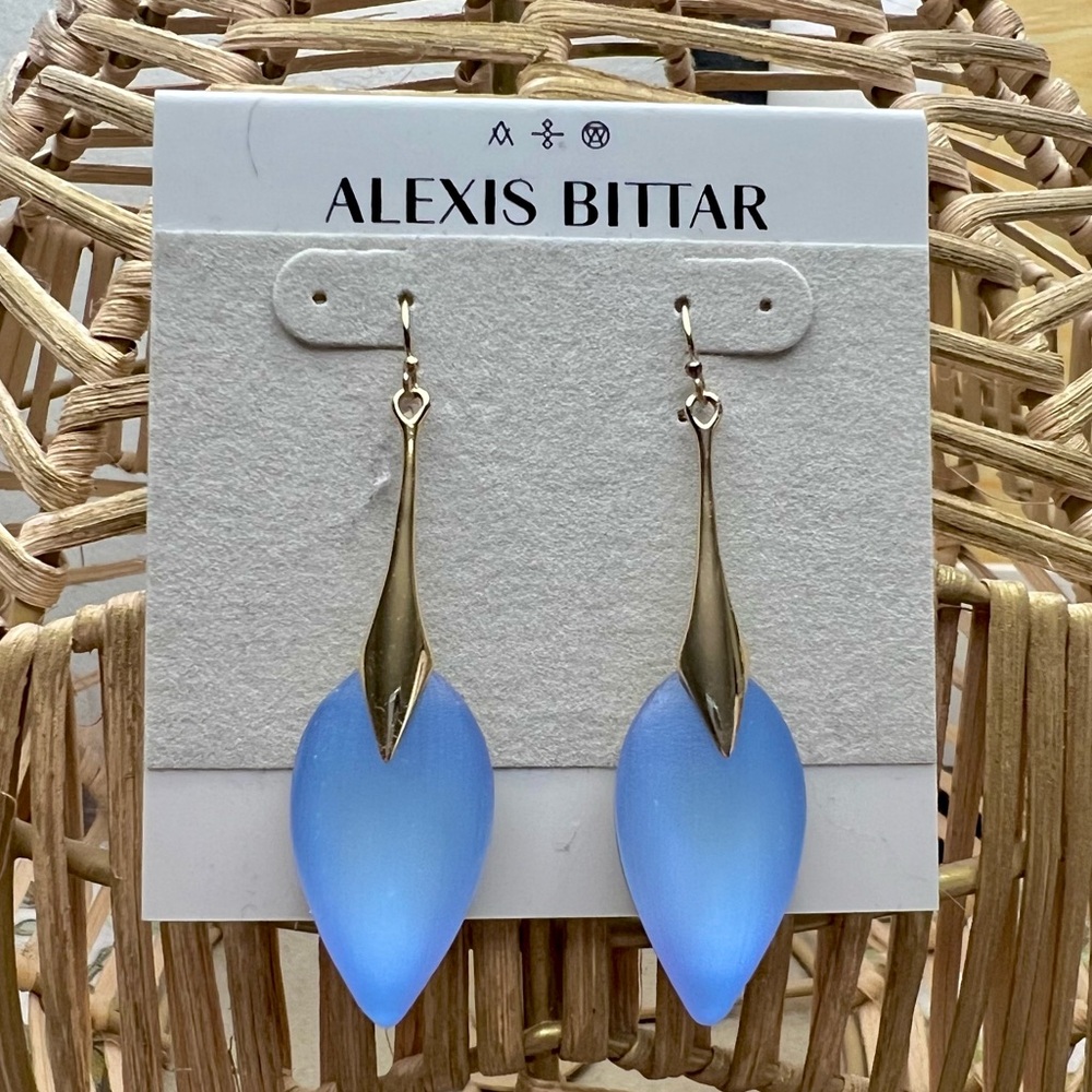 ALEX BITTAR glowing periwinkle blue & gold dangle drop earrings.